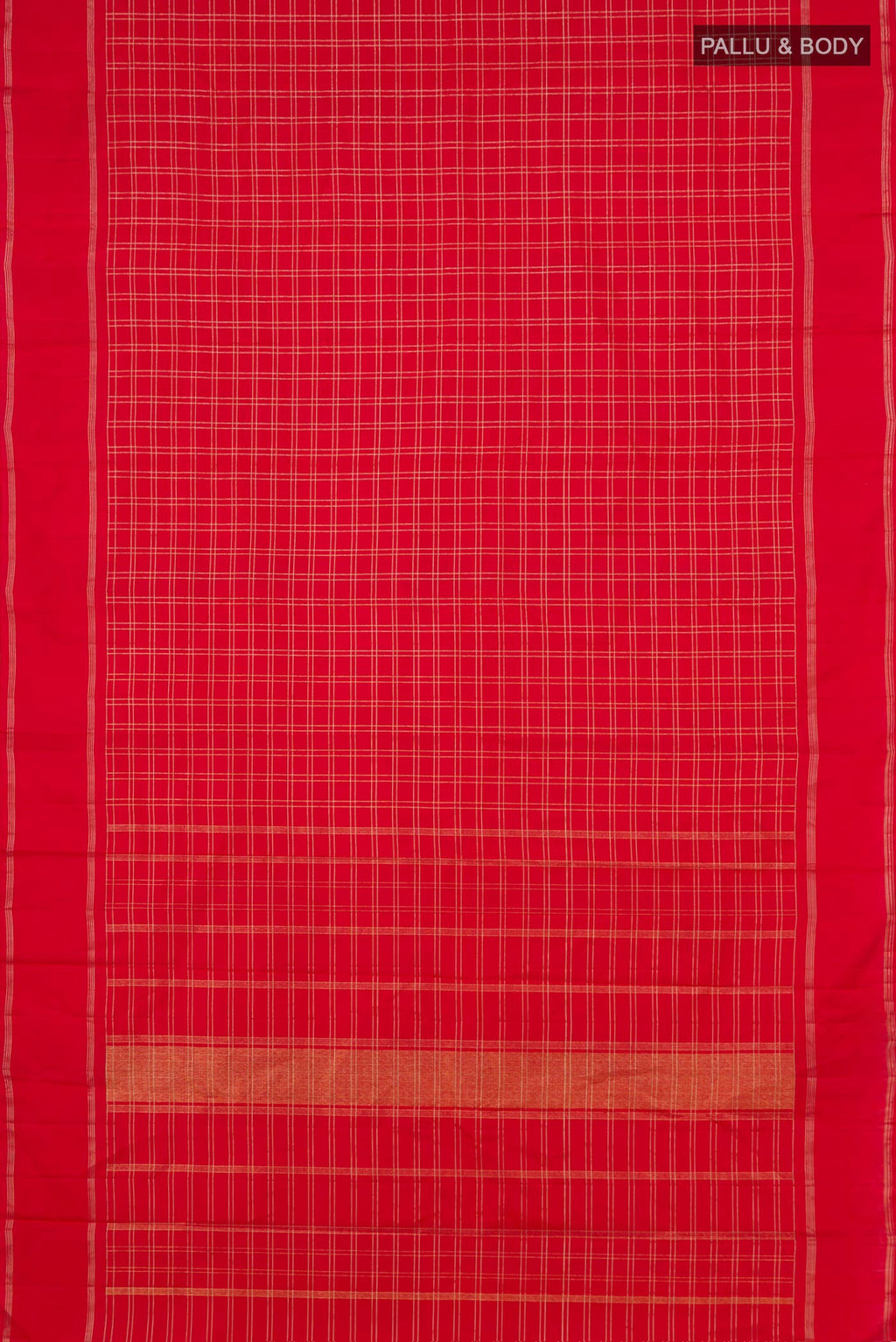 Flat view of Red Kanchipuram Silk Saree with Checked design on the body and Plain Border. 