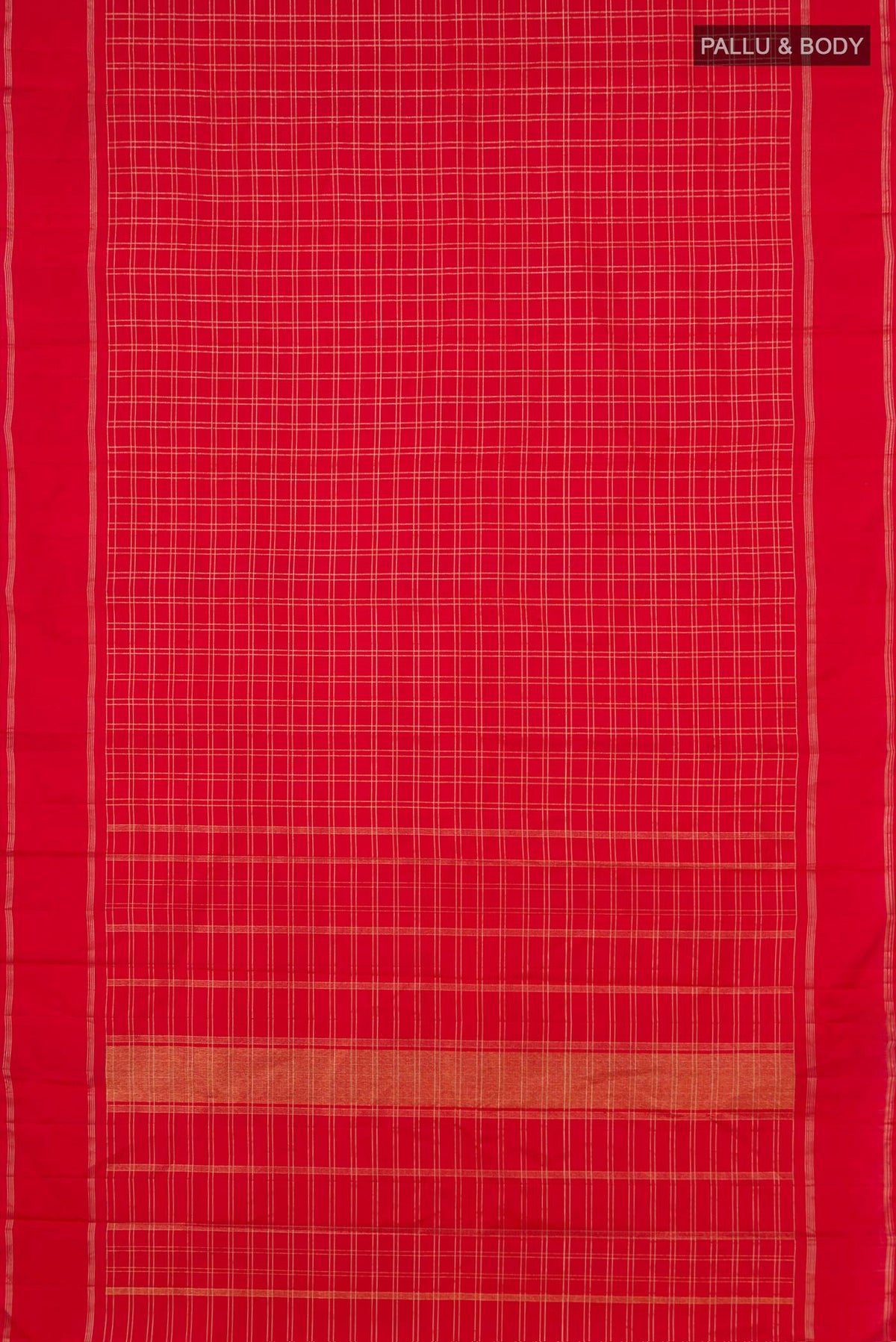 Flat view of Red Kanchipuram Silk Saree with Checked design on the body and Plain Border. 