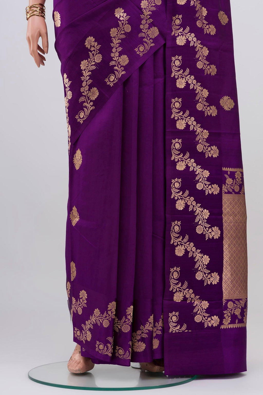 Pleats and pallu of Violet Banarasi Katan Silk Saree with Zari Butta on the body and Fancy Border. 