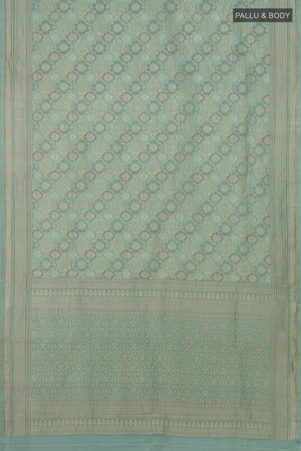 Flat view of Blue Grey Mysore Crepe Saree with Zari Brocade on the body and Zari Border. 