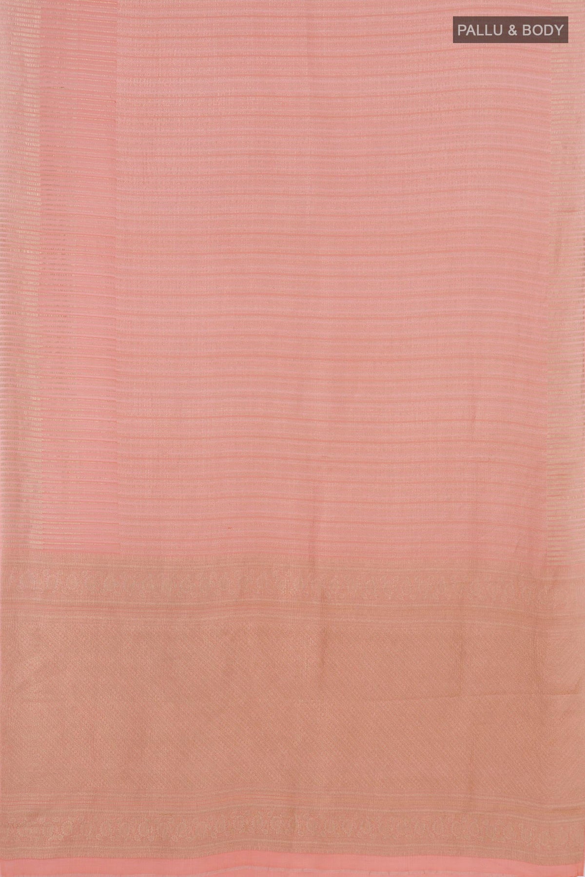Flat view of Peach Mysore Crepe Saree with Stripes on the body and Without Border. 