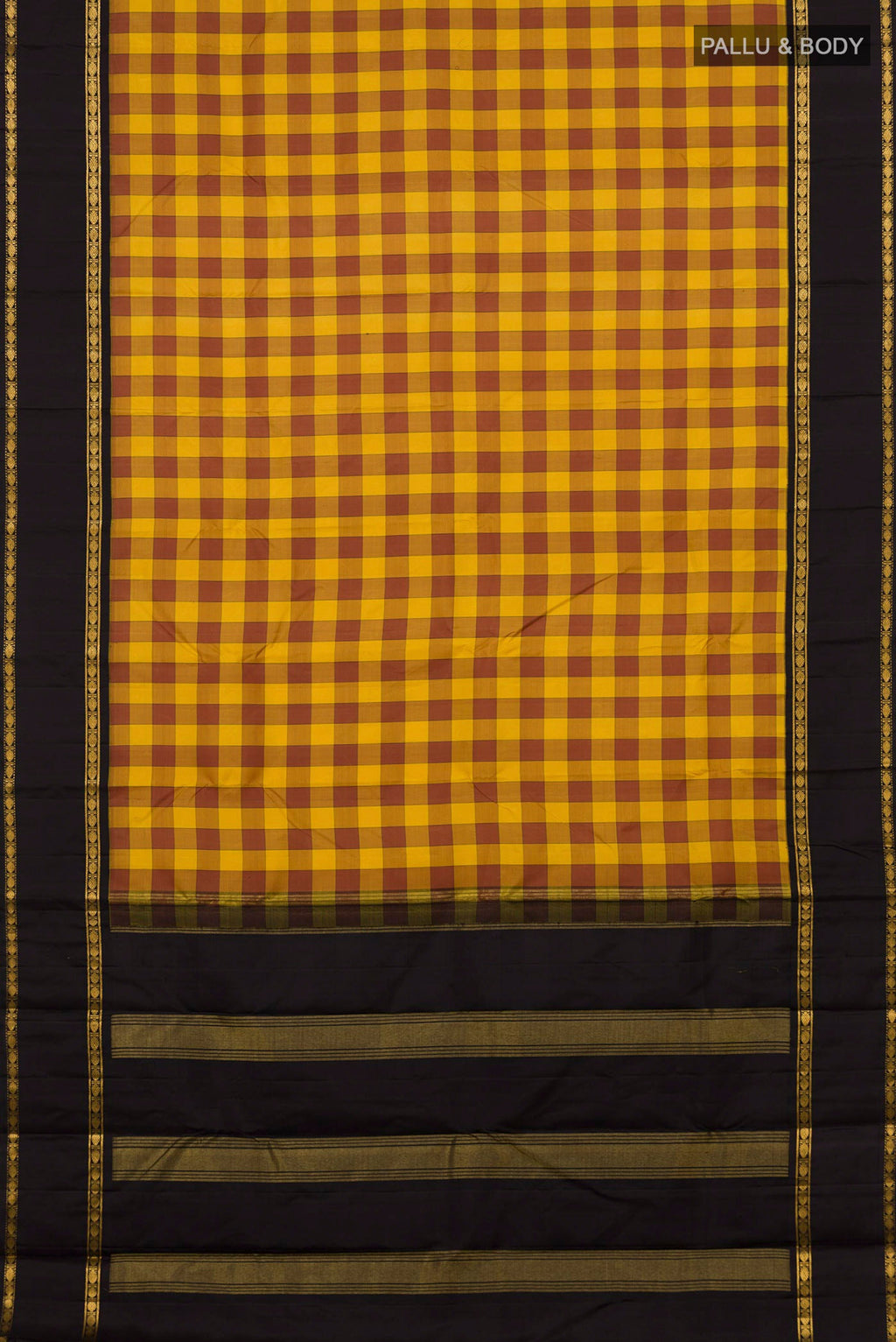 Flat view of Multi Color Kanjivaram Silk Saree with Checked design on the body and Zari Border. 