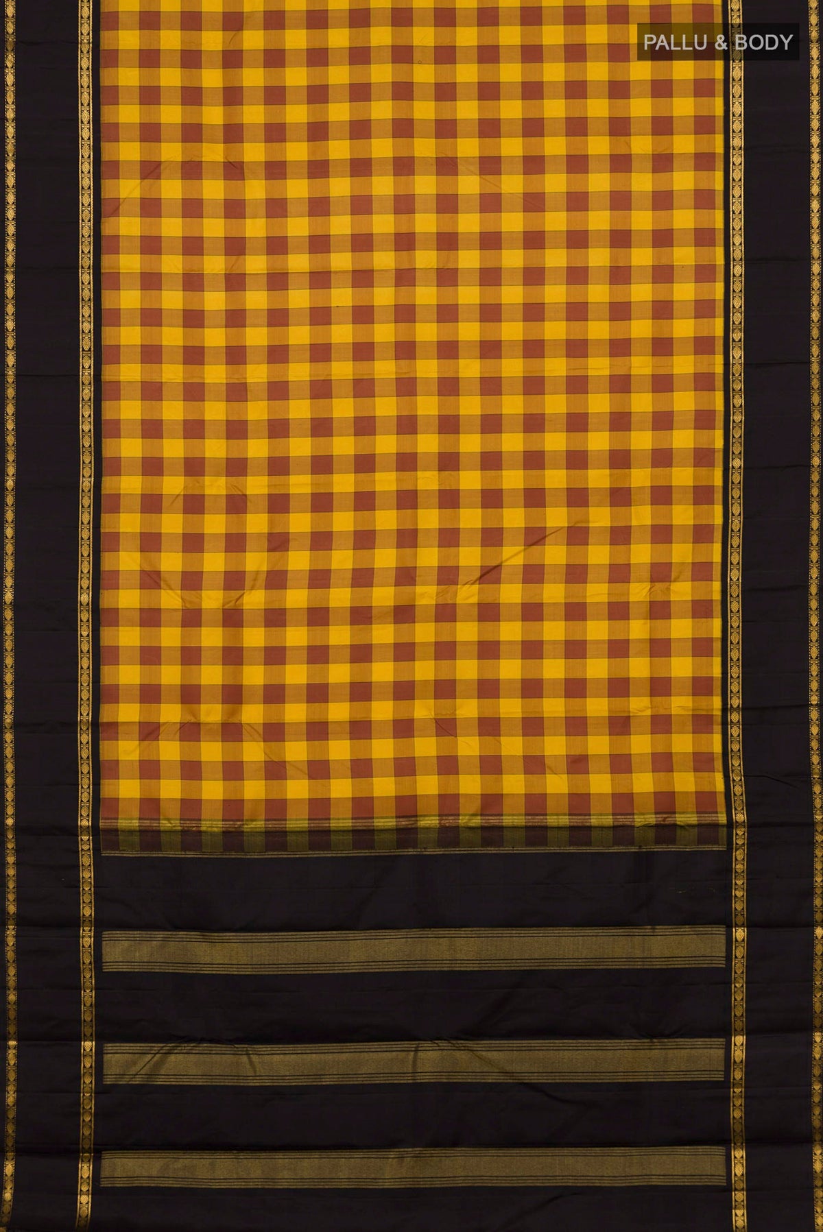 Flat view of Multi Color Kanjivaram Silk Saree with Checked design on the body and Zari Border. 
