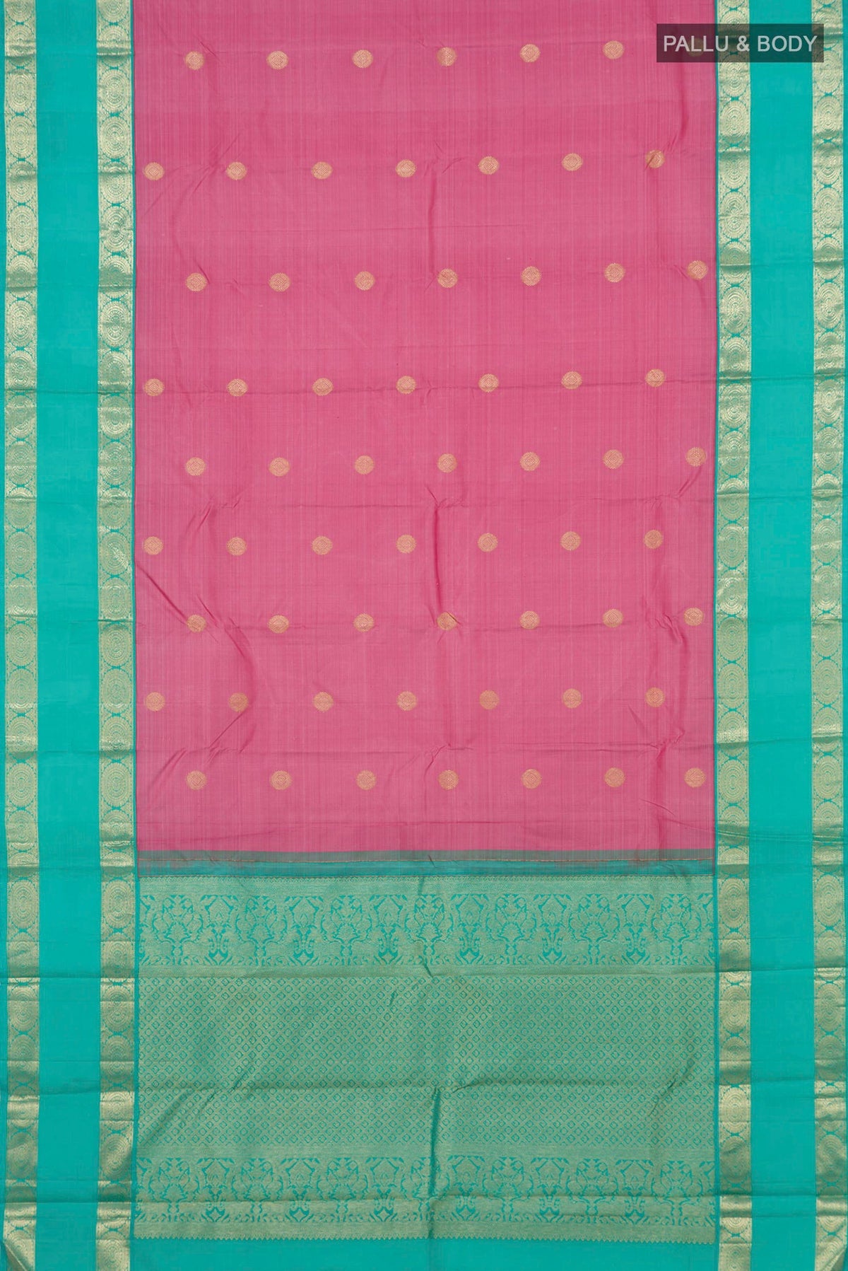 Flat view of Pink Kanjivaram Silk Saree with Zari Butta on the body and Zari Border. 