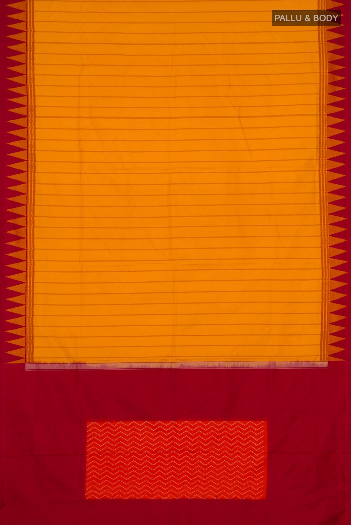 Flat view of Yellow Pochampally Silk Saree with Ikat design on the body and Temple Border. 