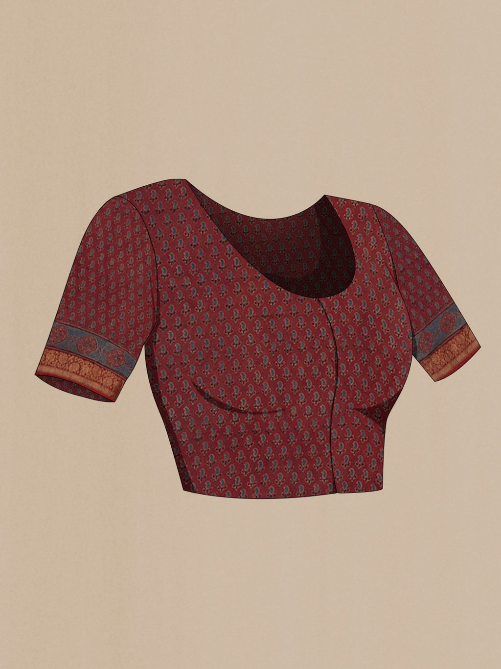 Close up image of the blouse of Rust Chanderi Silk Cotton Saree with Ajrakh Print on the body and Zari Border. 