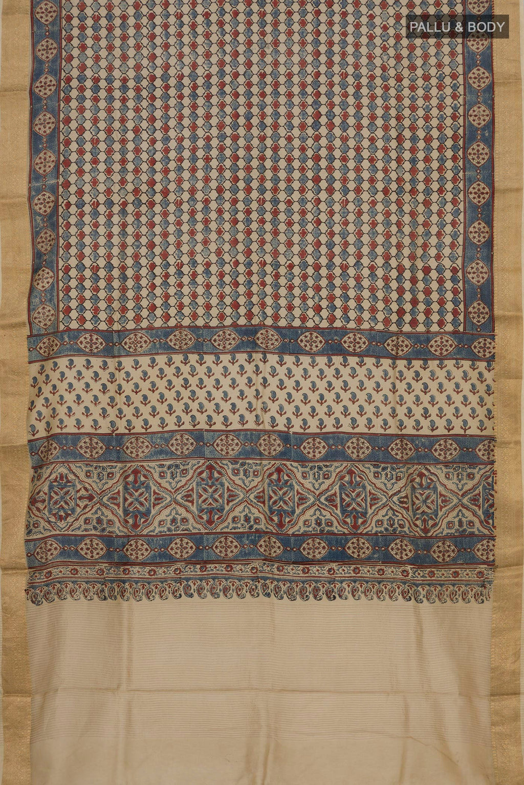 Flat view of Beige Chanderi Silk Cotton Saree with Ajrakh Print on the body and Zari Border. 