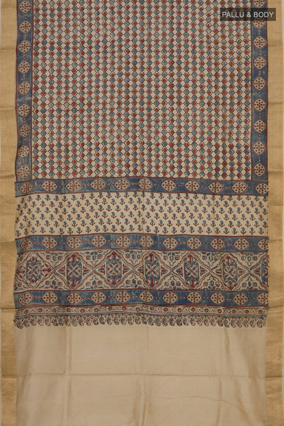 Flat view of Beige Chanderi Silk Cotton Saree with Ajrakh Print on the body and Zari Border. 