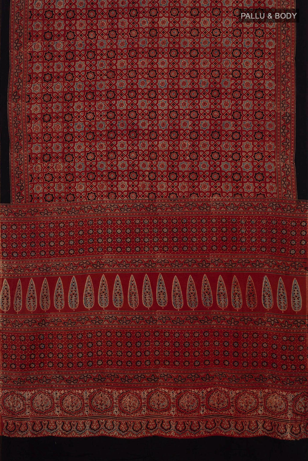 Flat view of Rust Blended Chanderi Silk Cotton Saree with Ajrakh Print on the body and Printed Border. 
