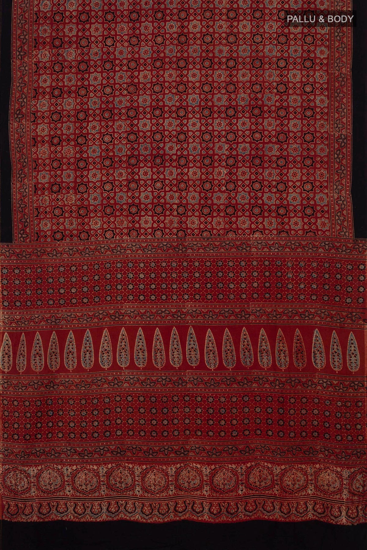Flat view of Rust Blended Chanderi Silk Cotton Saree with Ajrakh Print on the body and Printed Border. 