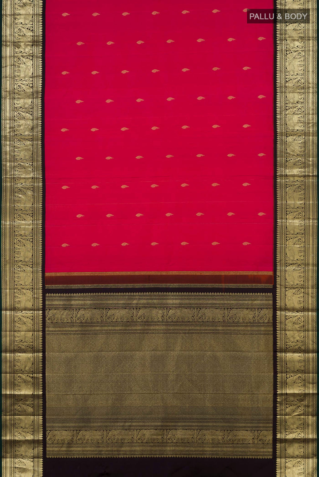 Flat view of Pink Kanjivaram Silk Saree with Zari Butta on the body and Zari Border. 