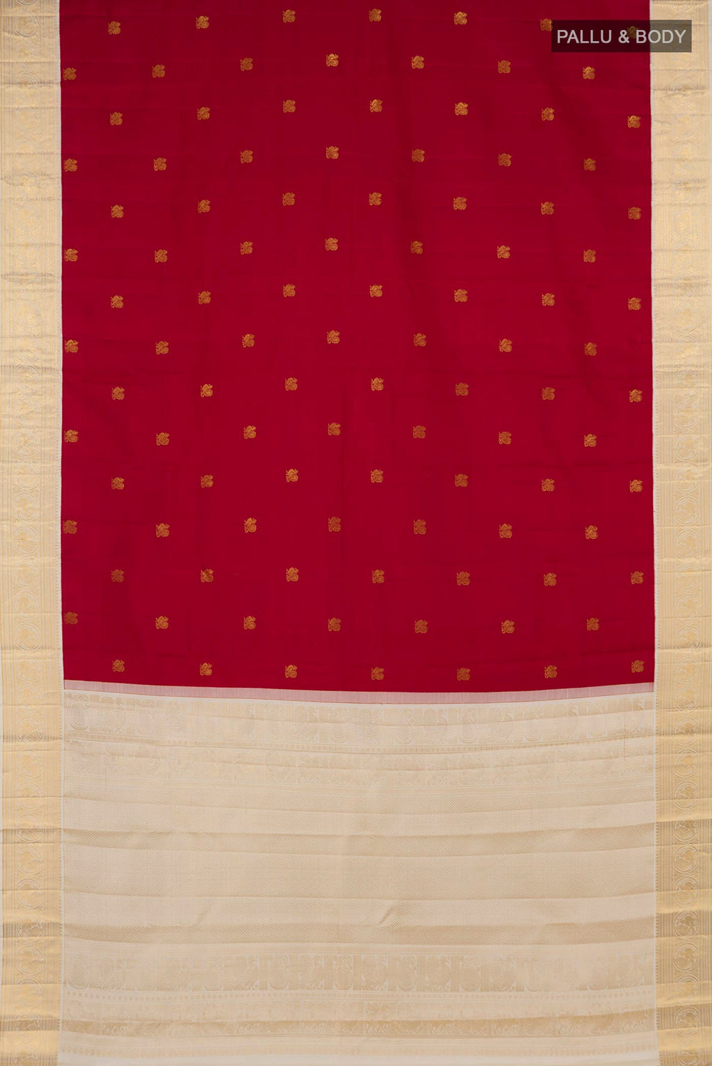 Flat view of Maroon Kanjivaram Silk Saree with Zari Butta on the body and Zari Border. 
