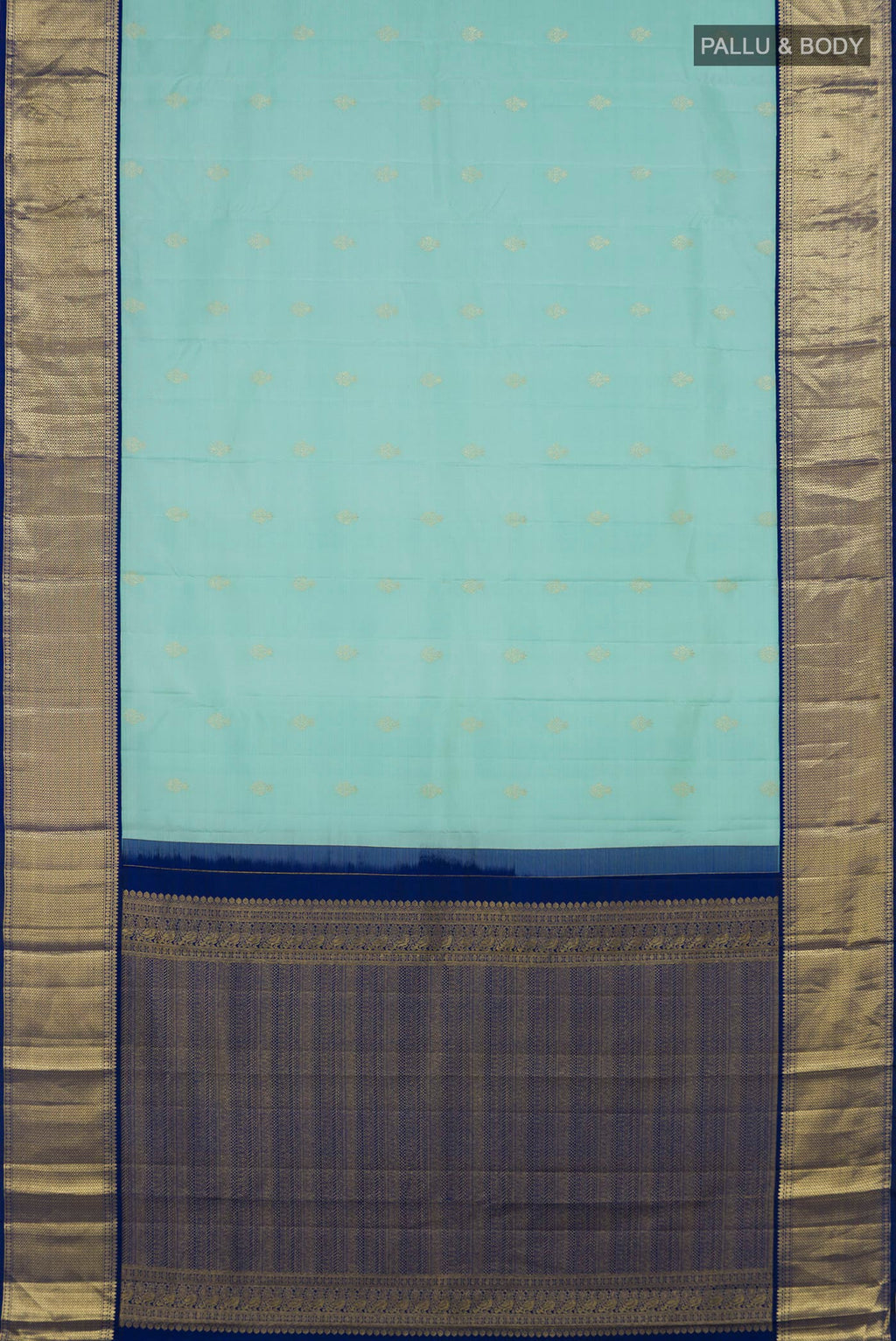 Flat view of Light Blue Kanjivaram Silk Saree with Zari Butta on the body and Zari Border. 