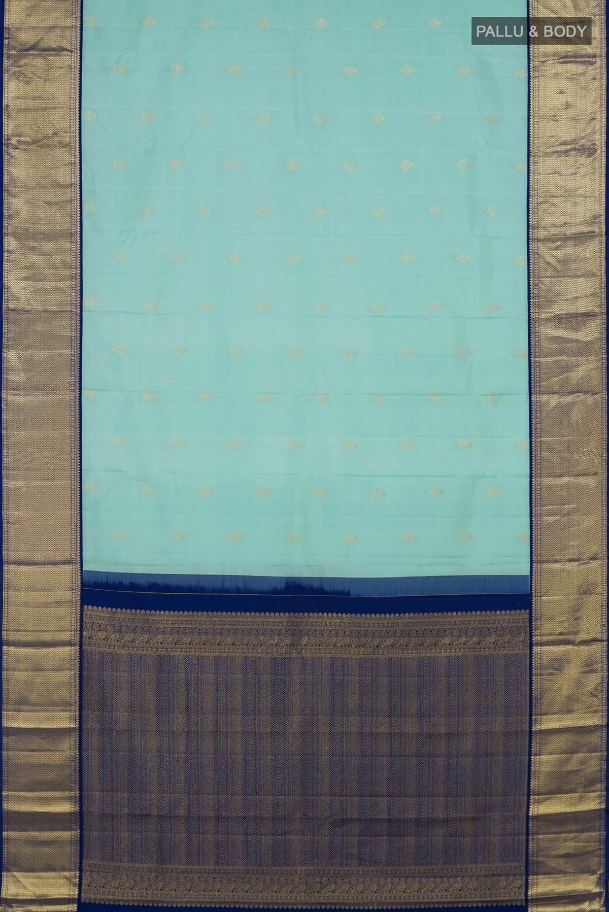 Flat view of Light Blue Kanjivaram Silk Saree with Zari Butta on the body and Zari Border. 