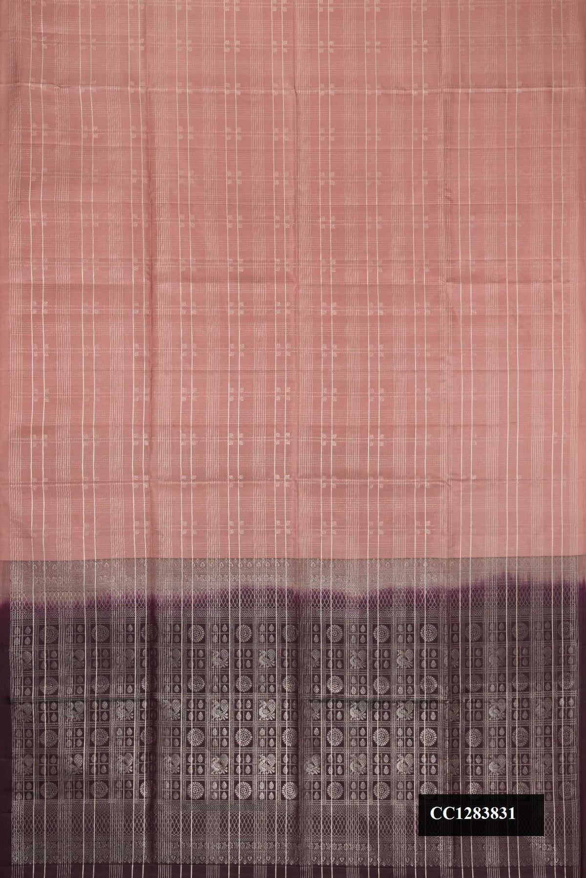 Beige Dual Tone Soft Silk Saree with Checked design on the body and Without Border.  displayed on a mannequin