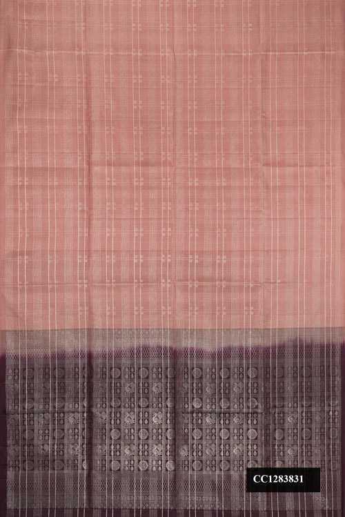 Beige Dual Tone Soft Silk Saree with Checked design on the body and Without Border.  displayed on a mannequin