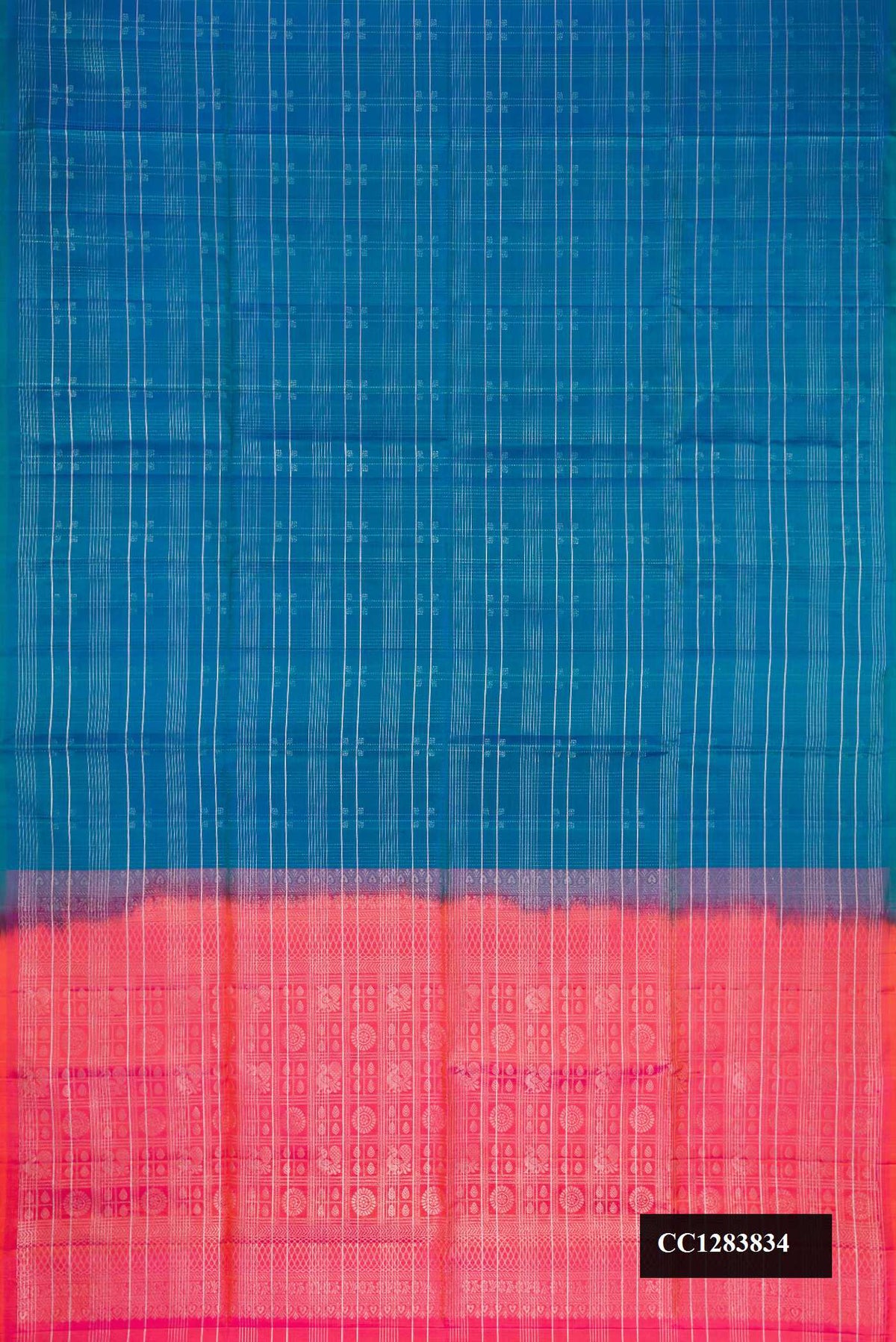 Peacock Blue Dual Tone Soft Silk Saree with Checked design on the body and Without Border.  displayed on a mannequin