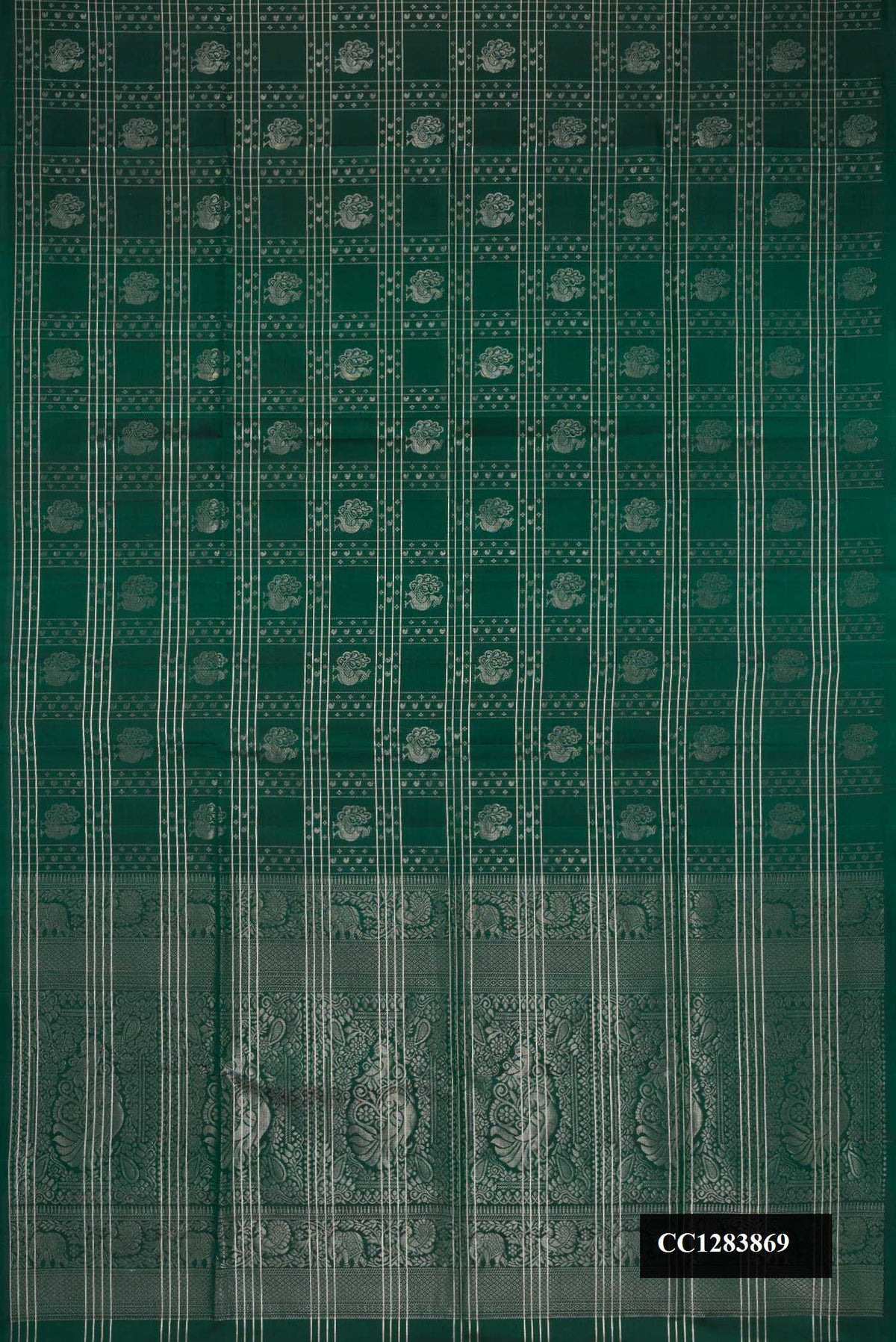 Bottle Green Dual Tone Soft Silk Saree with Checked design on the body and Without Border.  displayed on a mannequin
