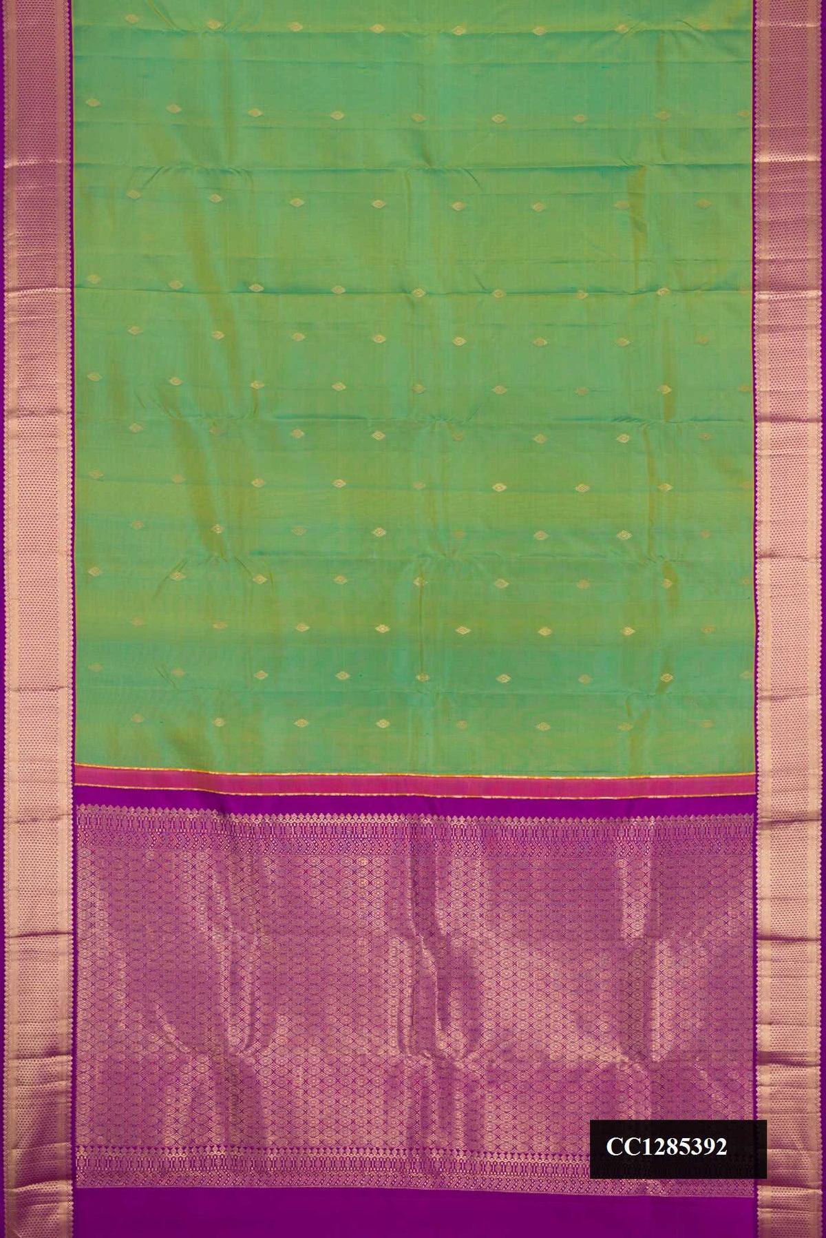 Green Dual Tone Kanchipuram Silk Saree with Zari Butta on the body and Zari Border.  displayed on a mannequin