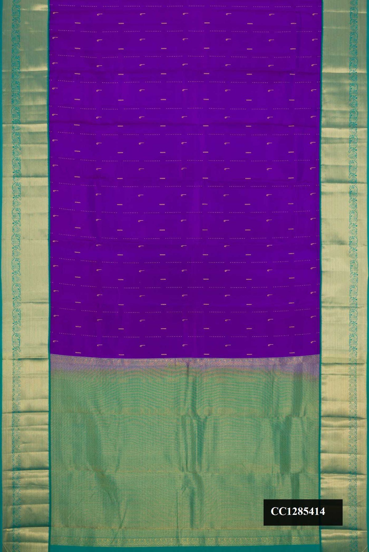 Violet Dual Tone Kanchipuram Silk Saree with Zari Butta on the body and Zari Border.  displayed on a mannequin