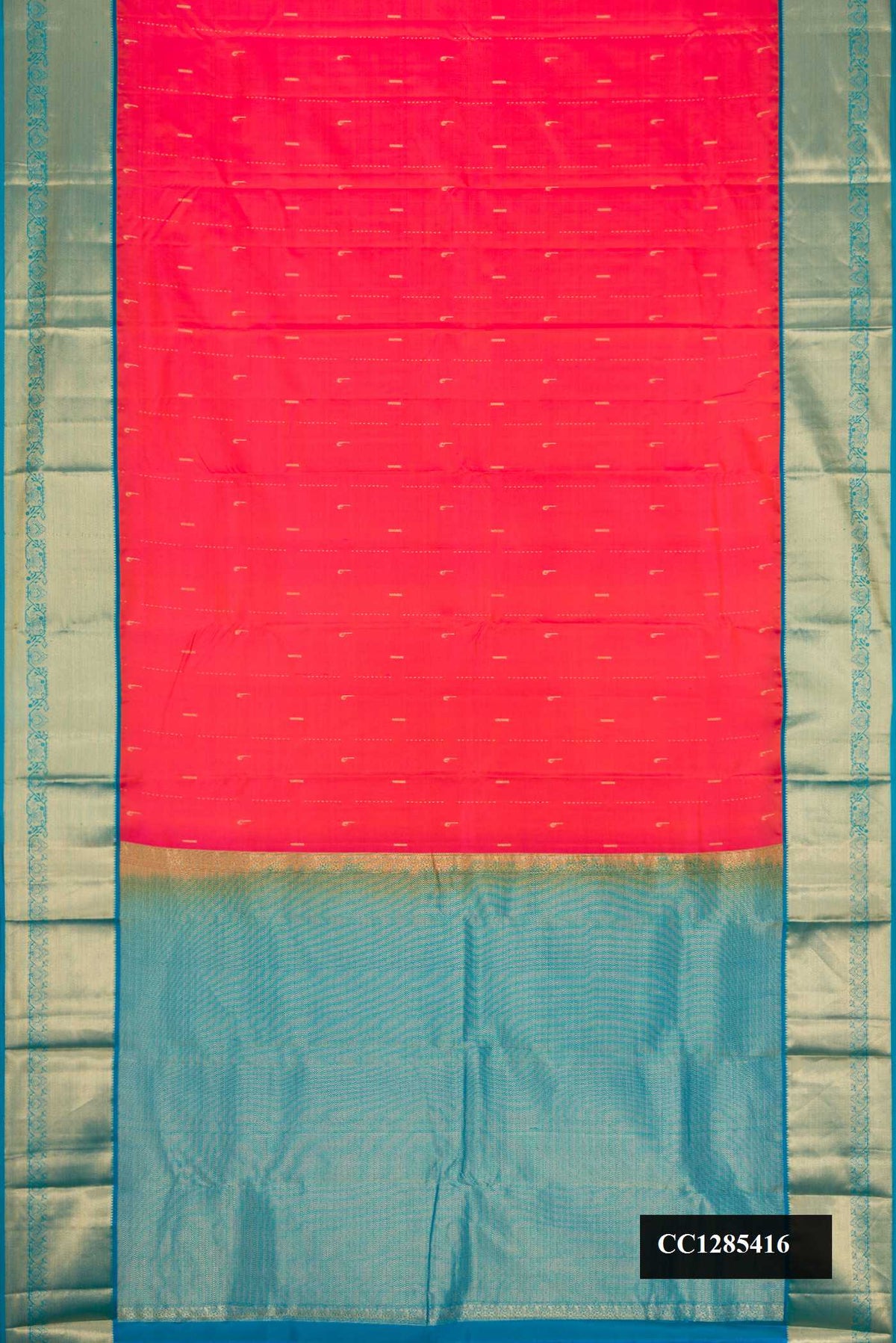 Red Dual Tone Kanchipuram Silk Saree with Zari Butta on the body and Zari Border.  displayed on a mannequin