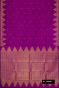 Purple Dual Tone Kanchipuram Silk Saree with Zari Butta on the body and Temple Border.  displayed on a mannequin