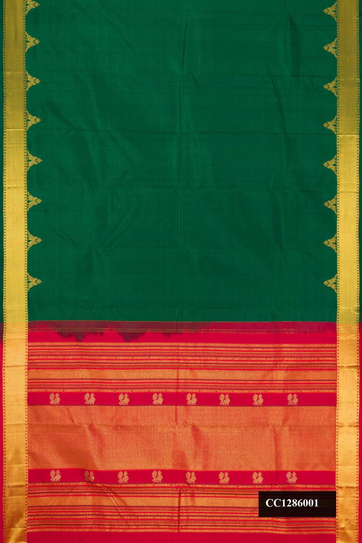Bottle Green Dual Tone Kanchipuram Silk Saree with Plain Body and Zari Border.  displayed on a mannequin
