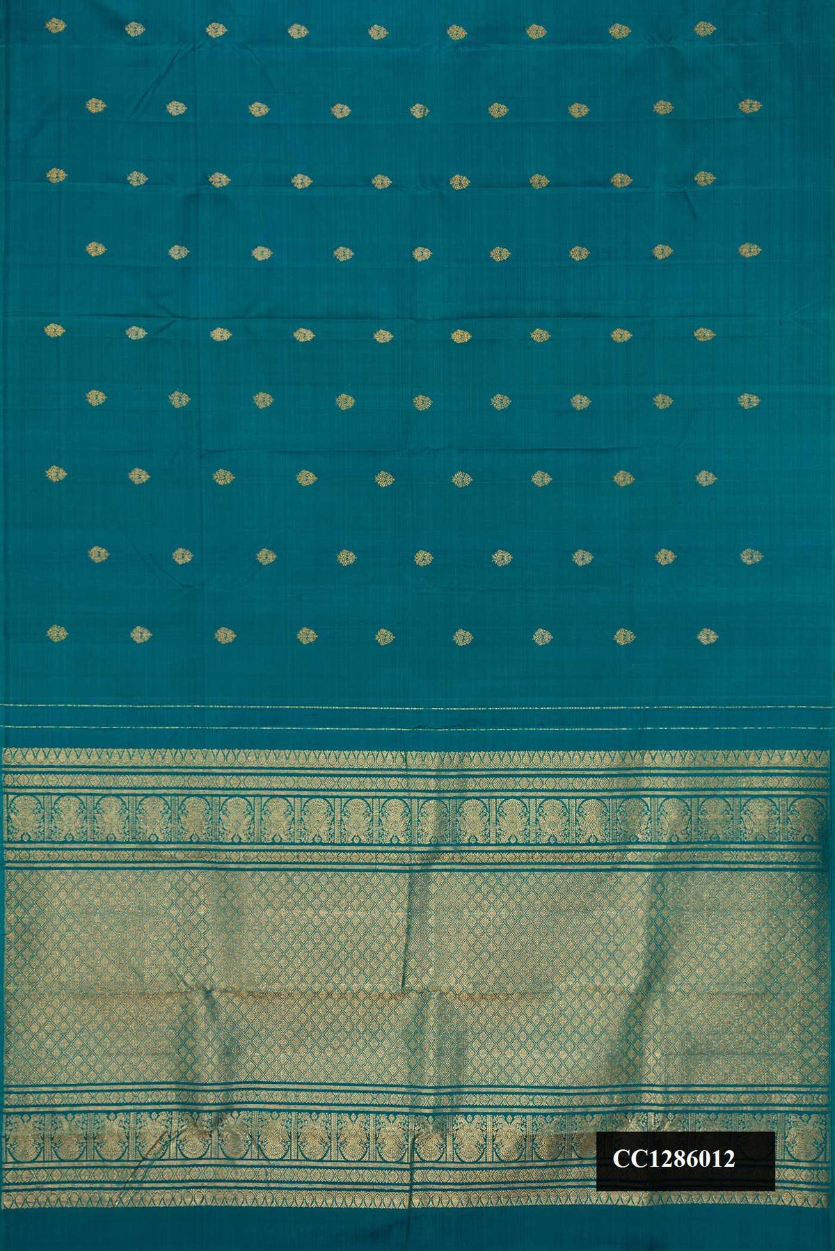 Peacock Blue Dual Tone Kanchipuram Silk Saree with Zari Butta on the body and Without Border.  displayed on a mannequin