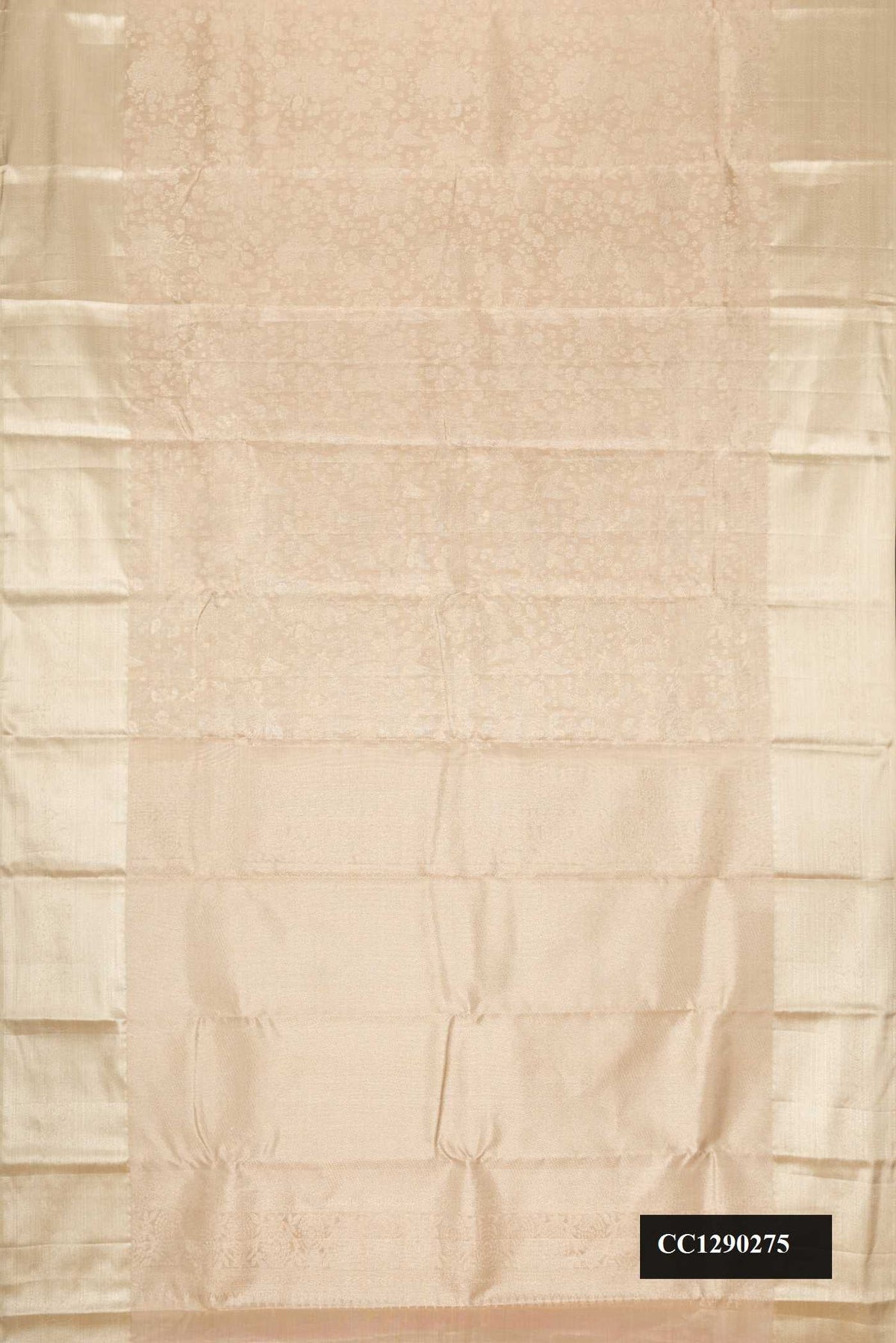 Beige Dual Tone Kanchipuram Tissue Silk Saree with Zari Brocade on the body and Zari Border.  displayed on a mannequin