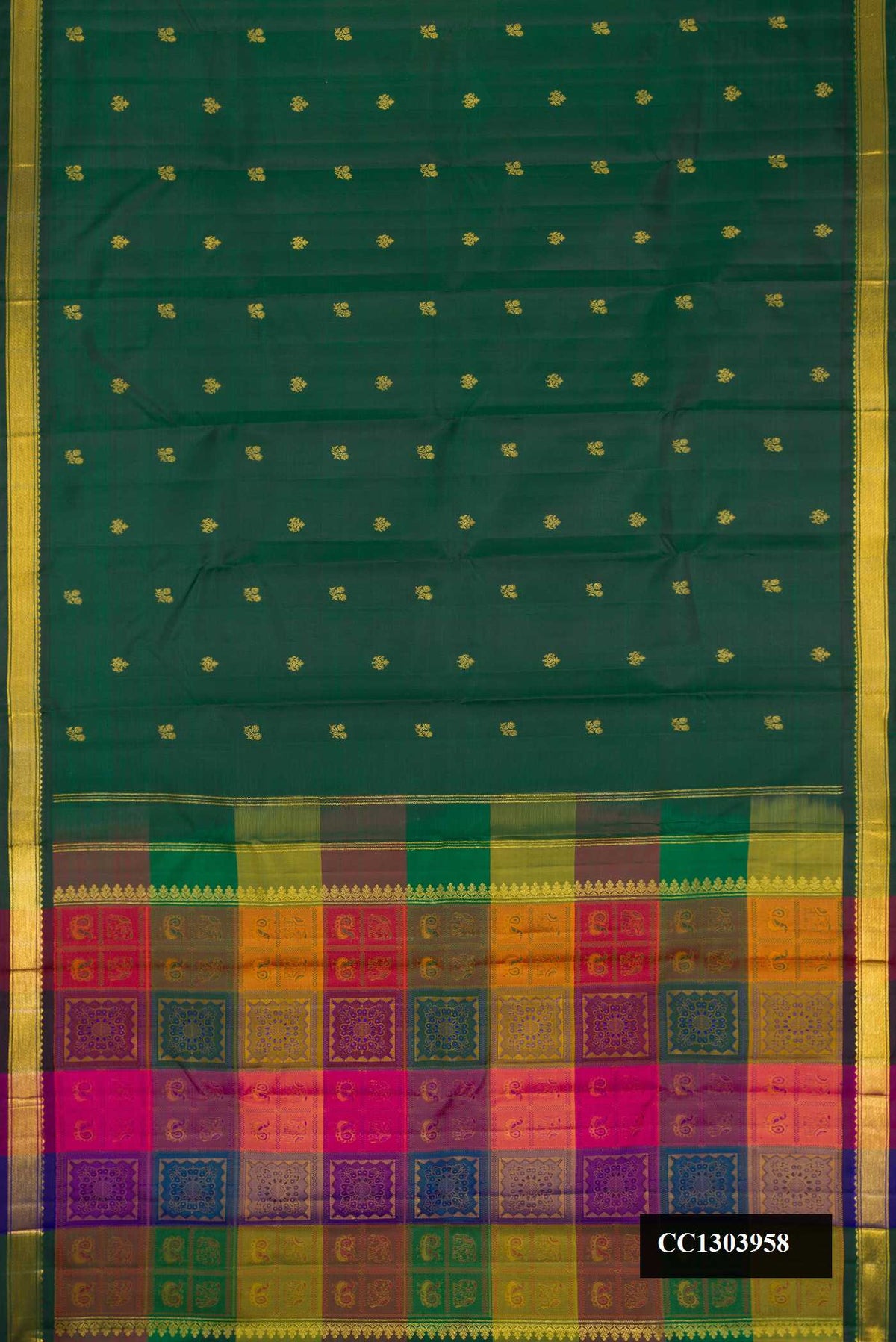 Bottle Green Dual Tone Kanchipuram Silk Saree with Checked design on the body and Zari Border.  displayed on a mannequin