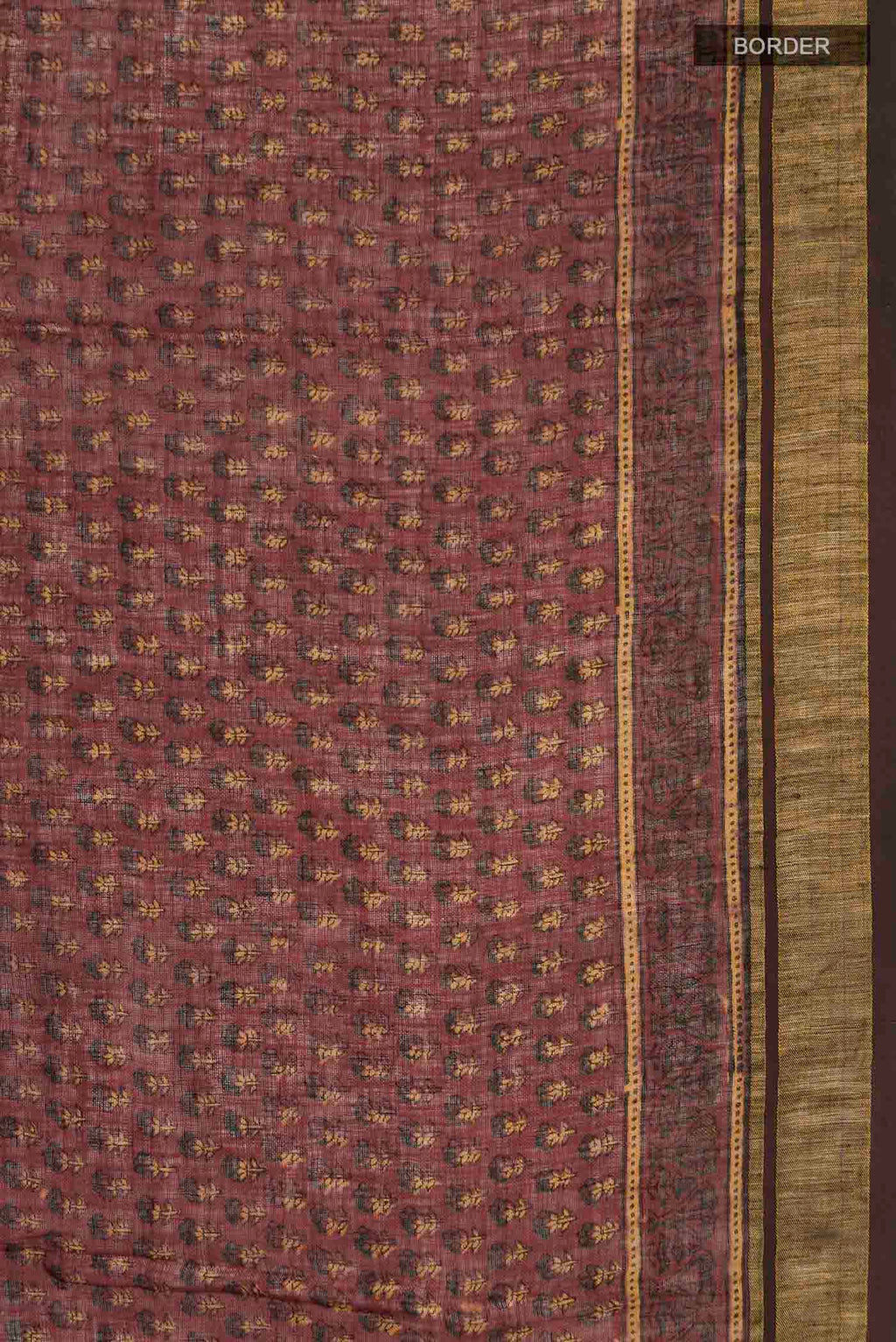 Border image of Rust Kalamkari Cotton Saree with Printed design on the body and Zari Border