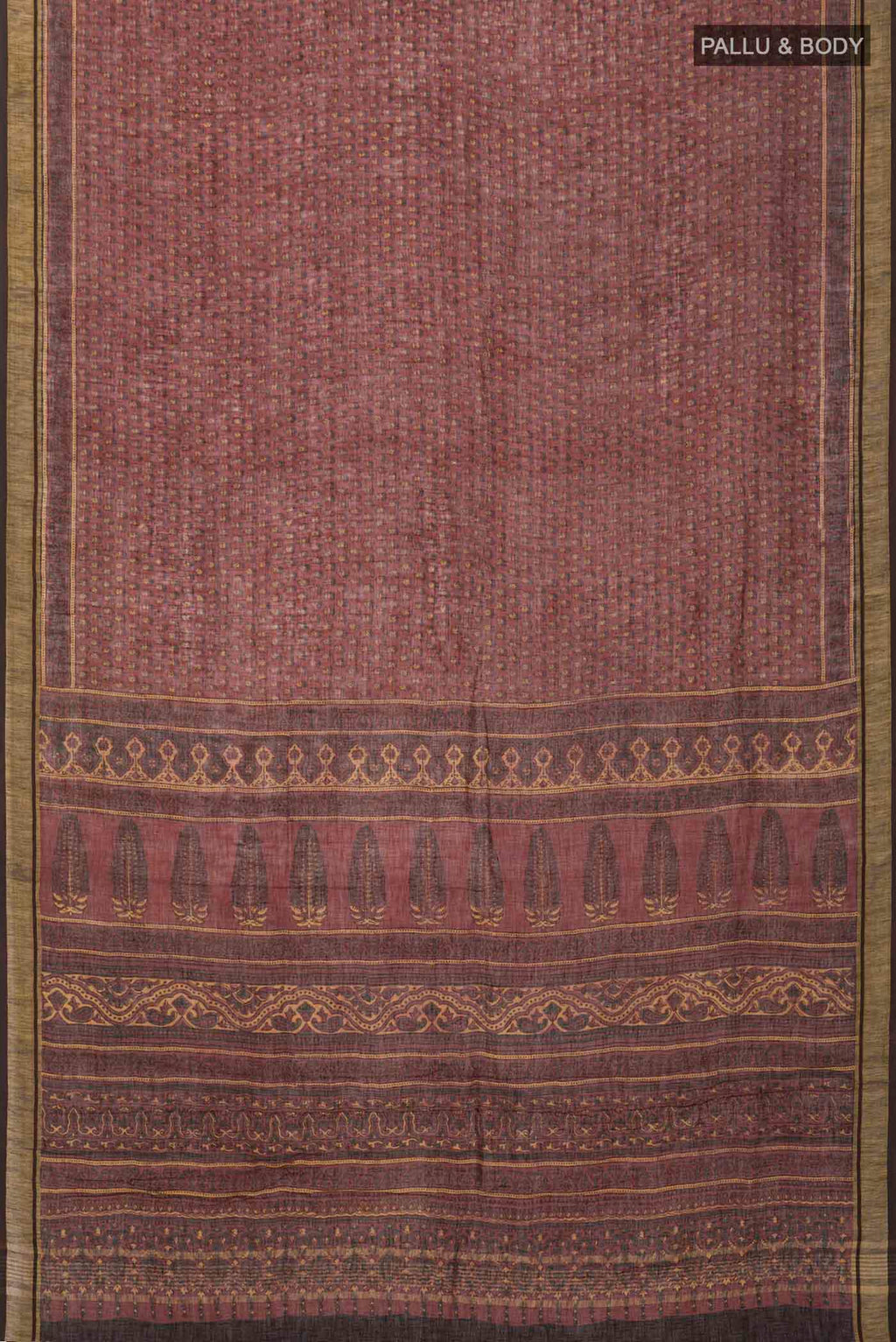 Flat view of Rust Kalamkari Cotton Saree with Printed design on the body and Zari Border