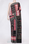 Black and Maroon Color Double Ikat Saree with Ikat Print on the body and Thread Border.  displayed on a mannequin