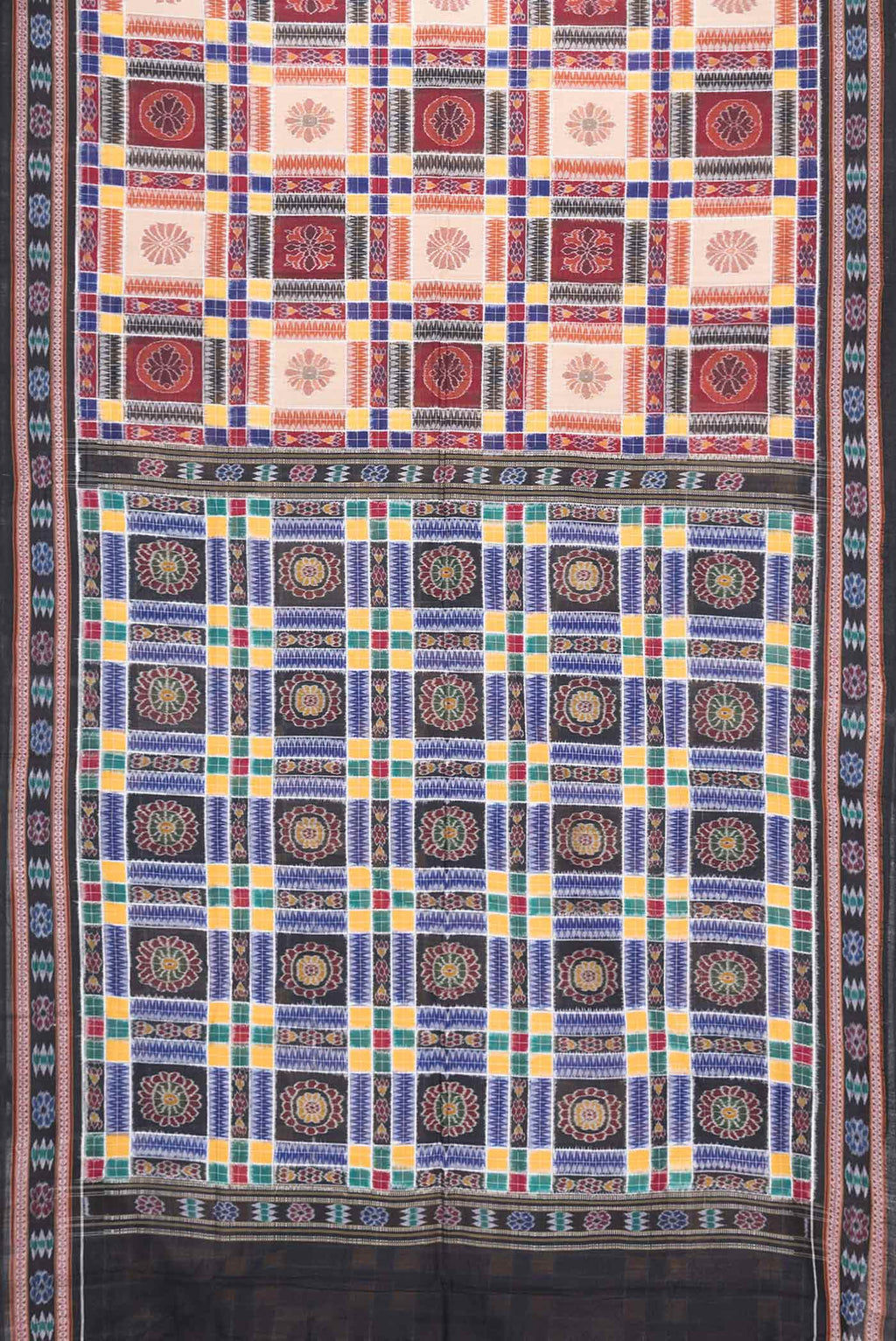 Flat view of Maroon and Beige Color Double Ikat Saree with Ikat Print on the body and Ikat Border