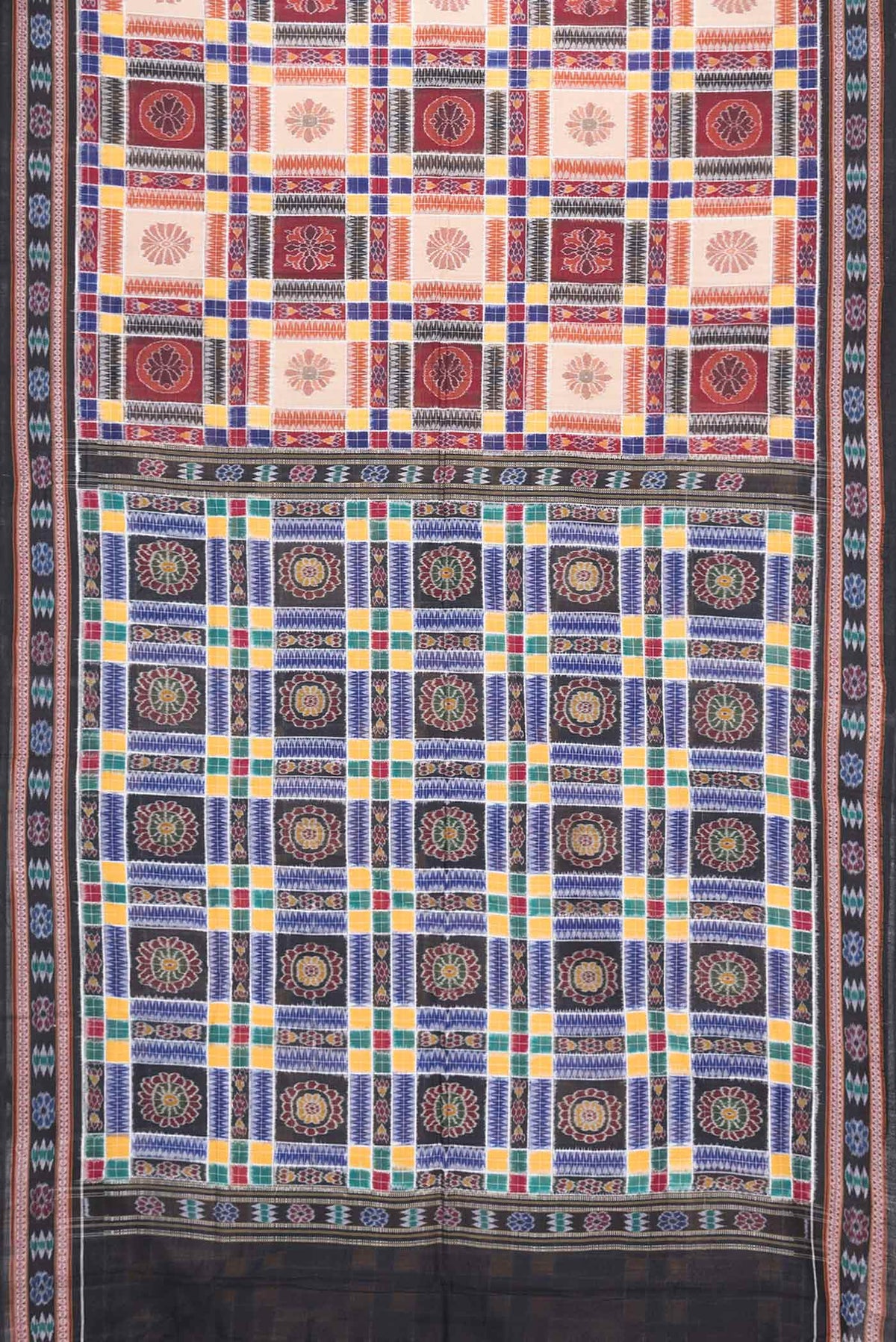 Flat view of Maroon and Beige Color Double Ikat Saree with Ikat Print on the body and Ikat Border