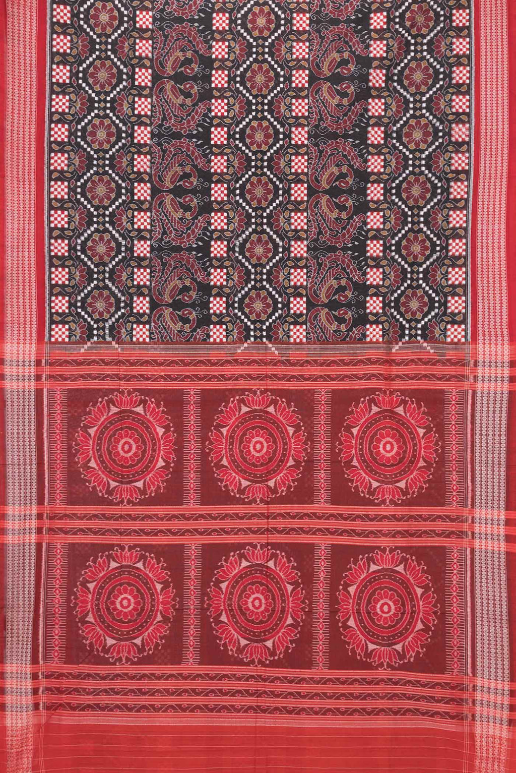 Flat view of Black Dual Tone Double Ikat Saree with Ikat Print on the body and Thread Border