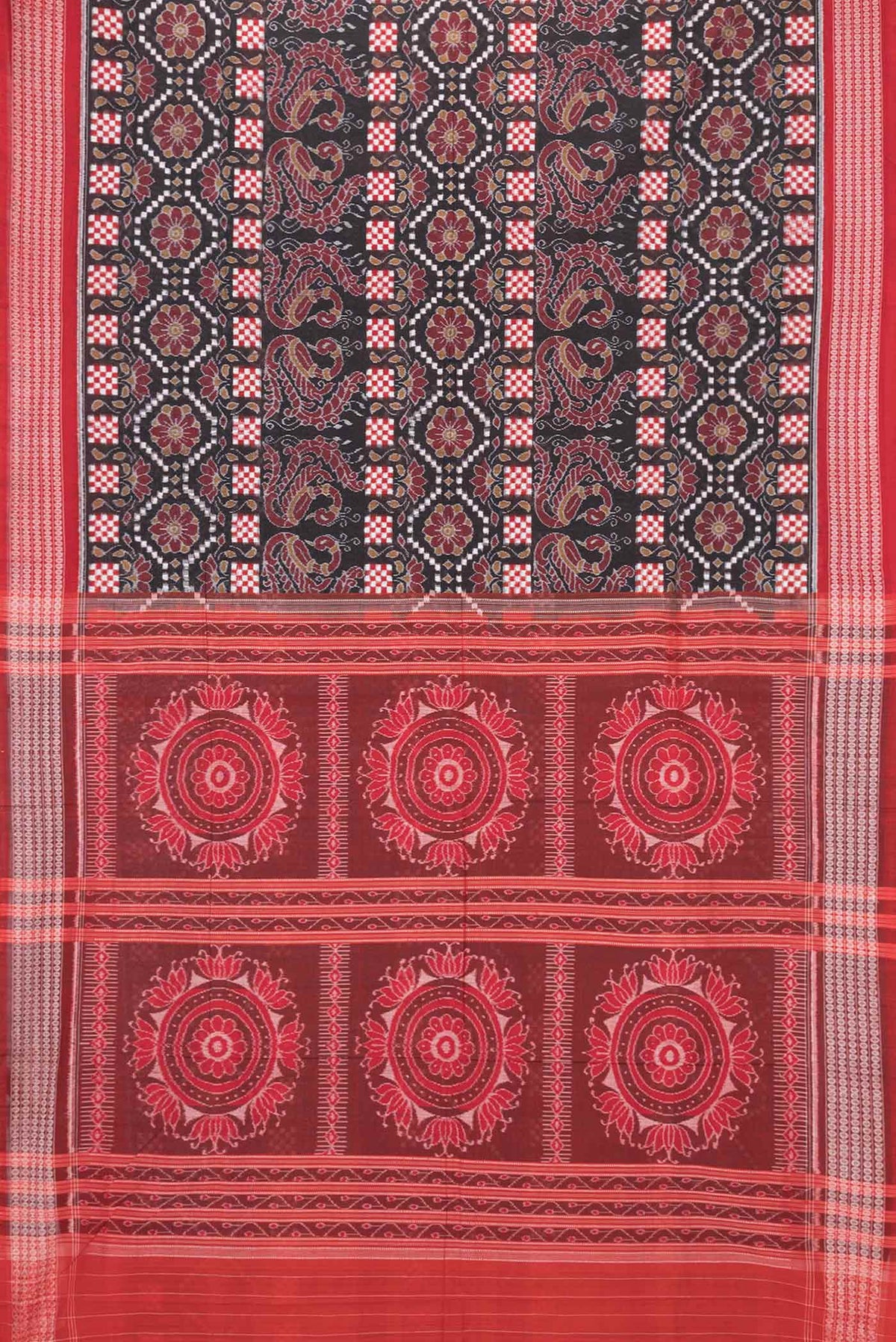 Flat view of Black Dual Tone Double Ikat Saree with Ikat Print on the body and Thread Border