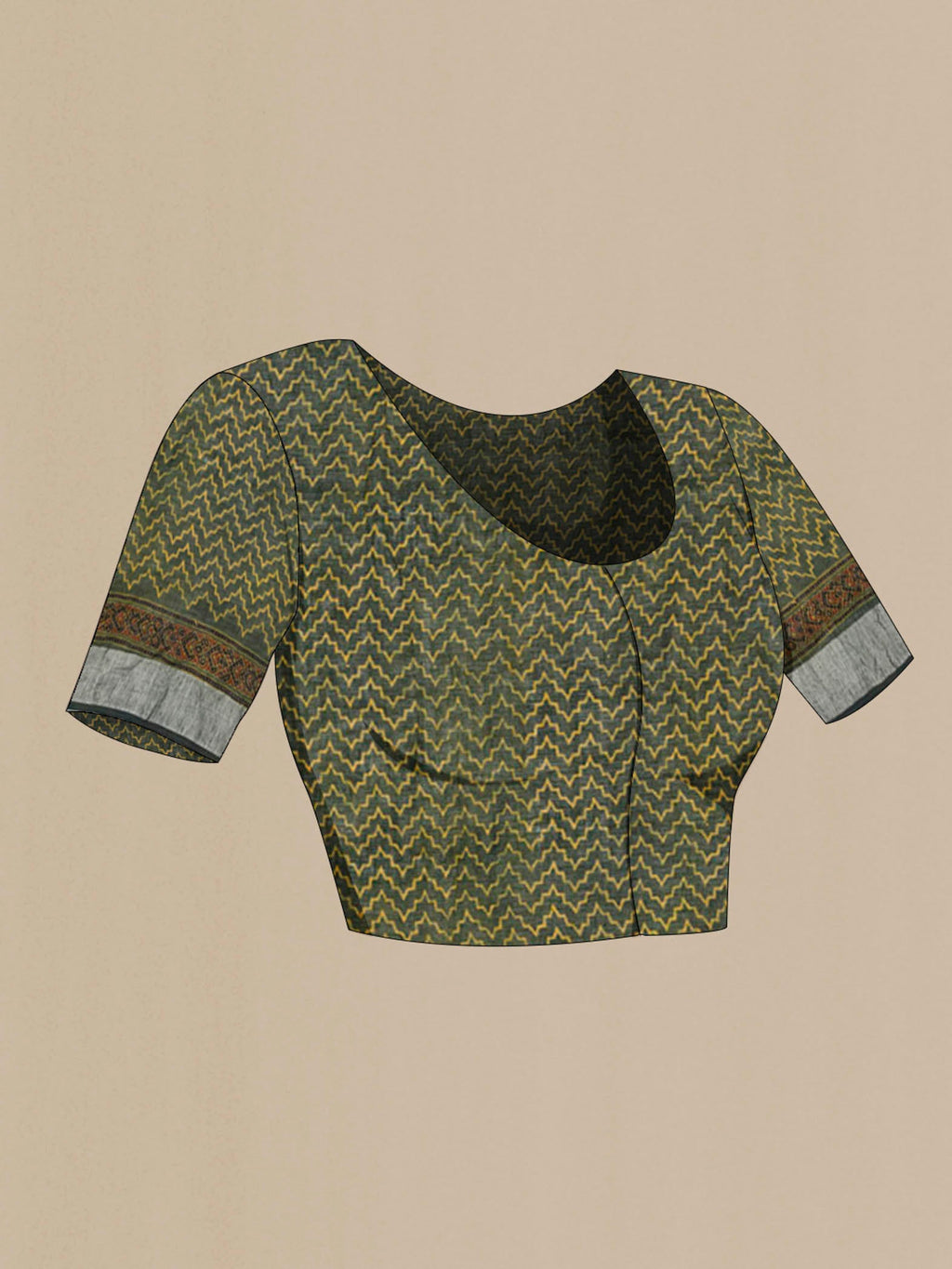 Close up image of the blouse of Green Linen Saree with Printed design on the body and Zari Border