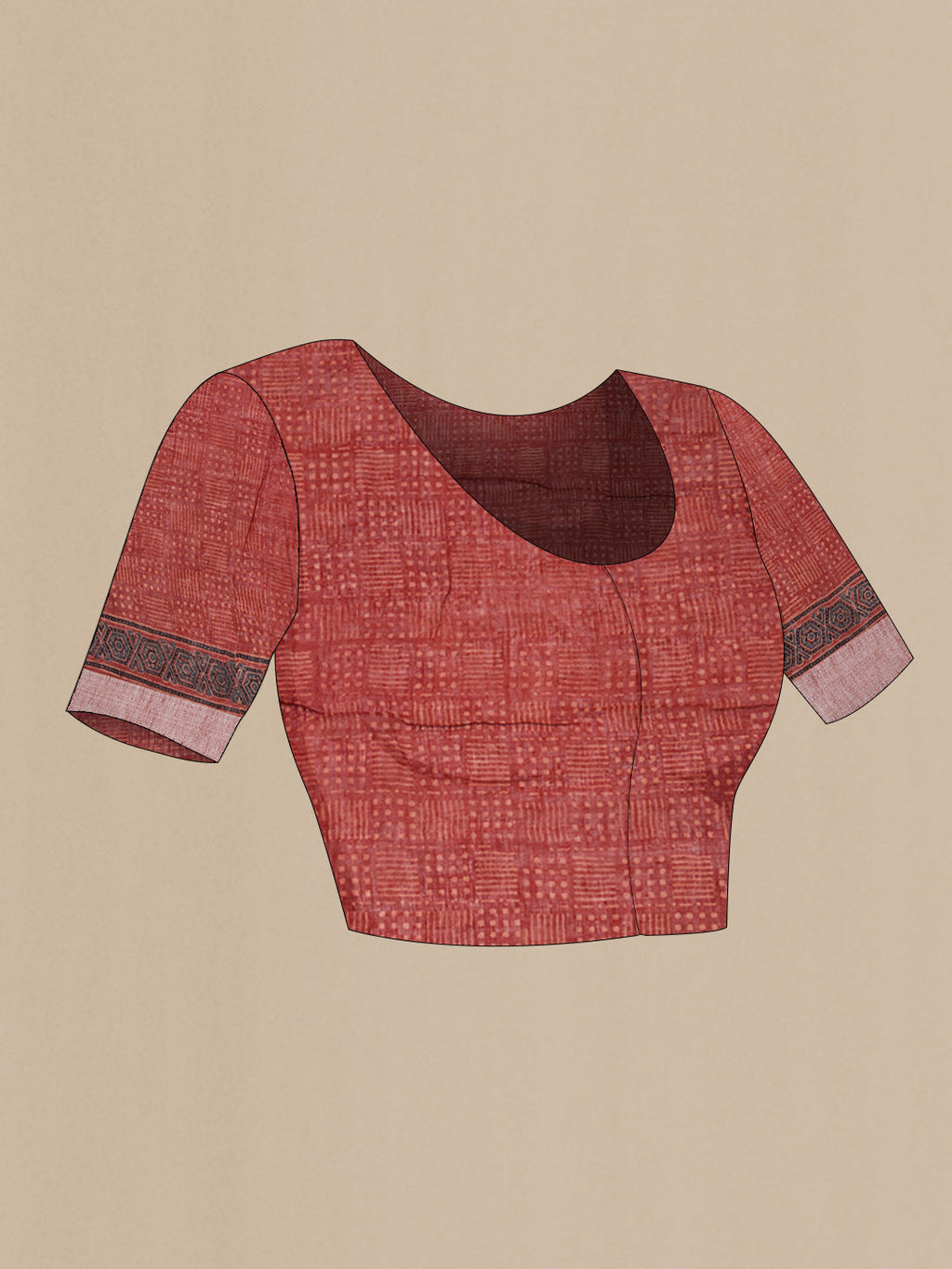 Close up image of the blouse of Red Dual Tone Linen Saree with Printed design on the body and Zari Border