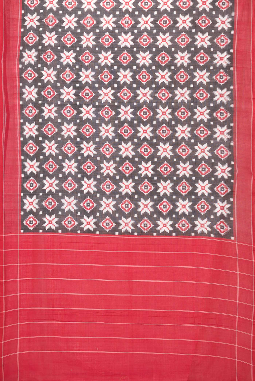 Flat view of Black Dual Tone Double Ikat Saree with Ikat Print on the body and Plain Border