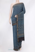 Blue Grey Dual Tone Tussar Silk Saree with Printed design on the body and Zari Border.  displayed on a mannequin
