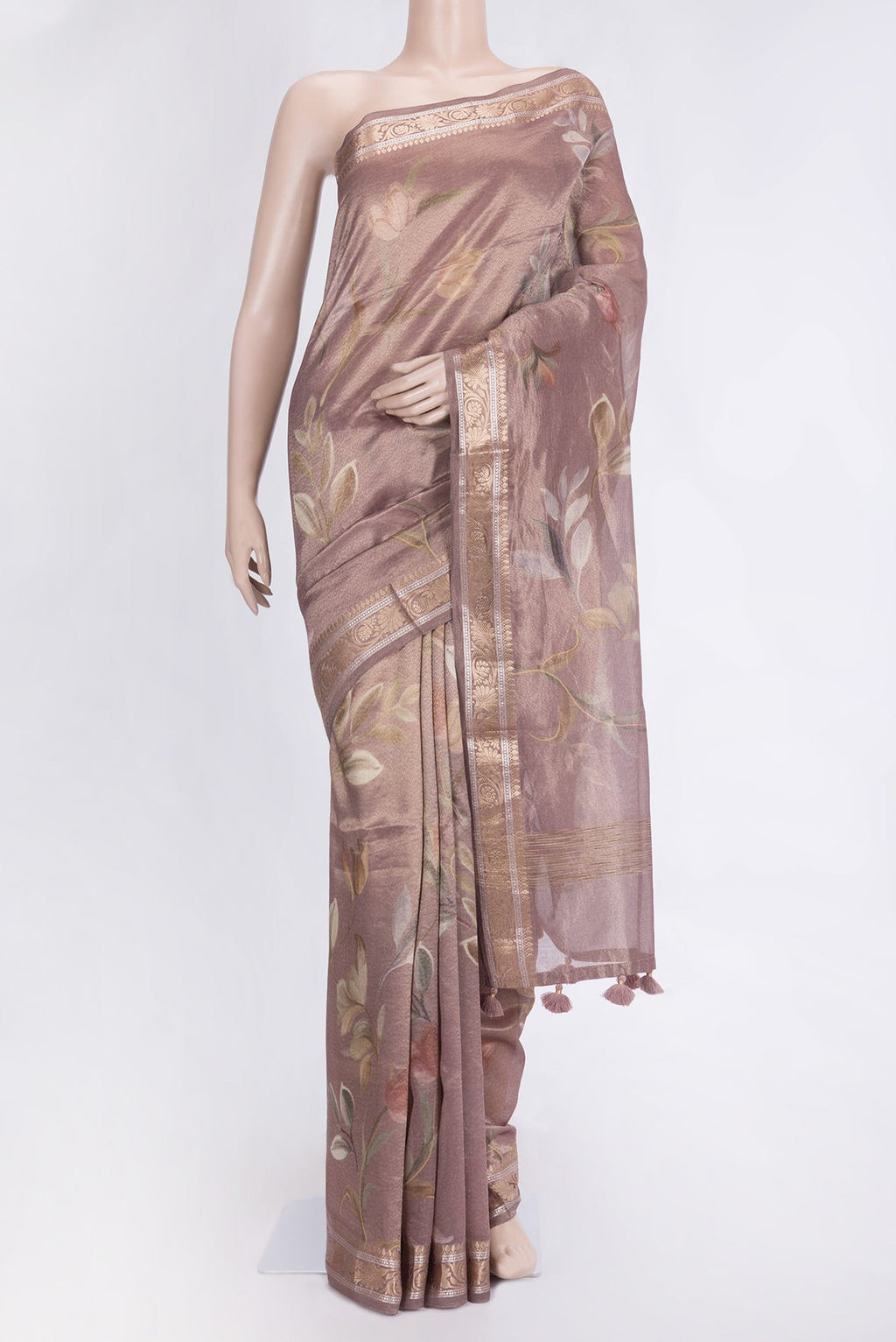 Rose Gold Dual Tone Organza Silk Saree with Printed design on the body and Zari Border.  displayed on a mannequin