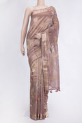 Rose Gold Dual Tone Organza Silk Saree with Printed design on the body and Zari Border.  displayed on a mannequin