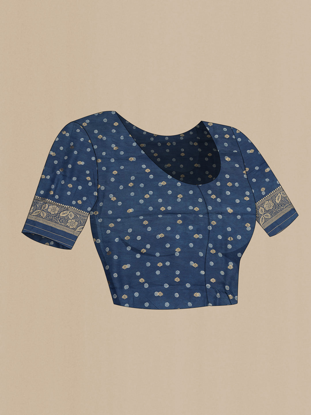 Close up image of the blouse of Blue Dual Tone Tussar Silk Saree with Printed design on the body and Zari Border
