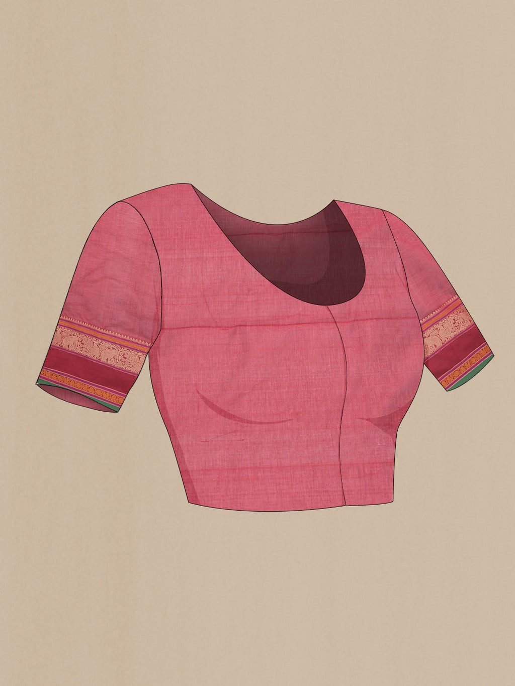 Close up image of the blouse of Red Dual Tone Silk Cotton Saree with Thread Butta on the body and Thread Border. 