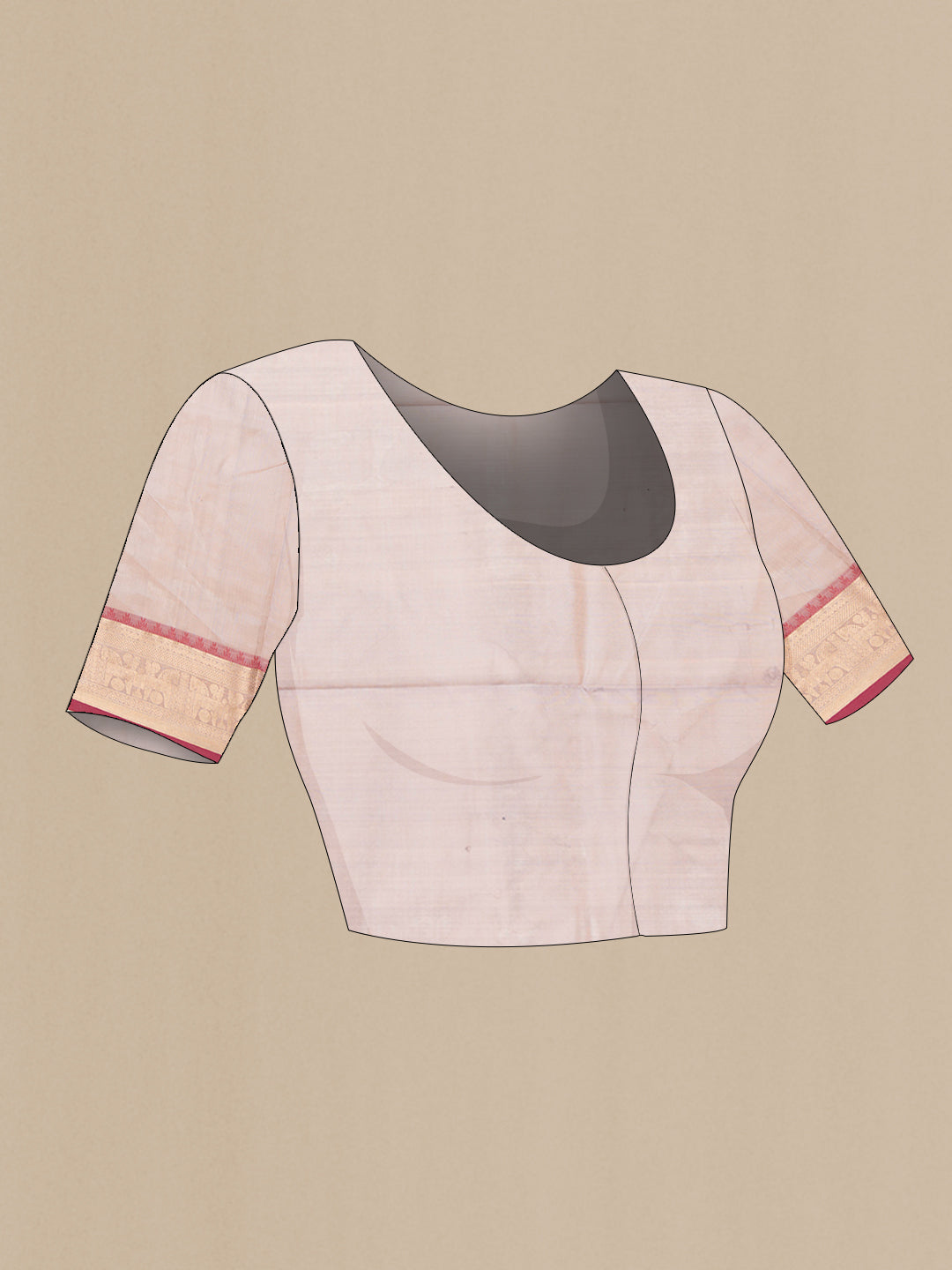 Close up image of the blouse of Golden Peach Dual Tone Silk Cotton Saree with Thread Butta on the body and Zari Border. 