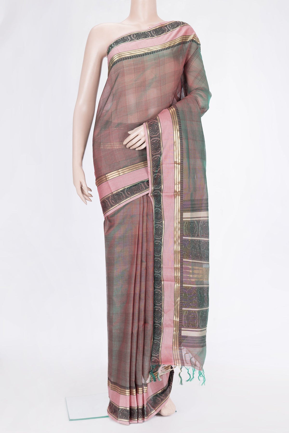 Green Dual Tone Silk Cotton Saree with Checked design on the body and Zari And Thread Border.  displayed on a mannequin