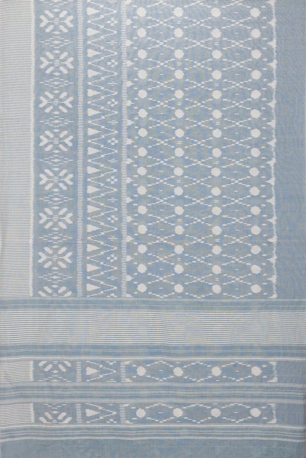 Flat view of Grey Dual Tone Cotton Saree with Ikat Print on the body and Plain Border. 