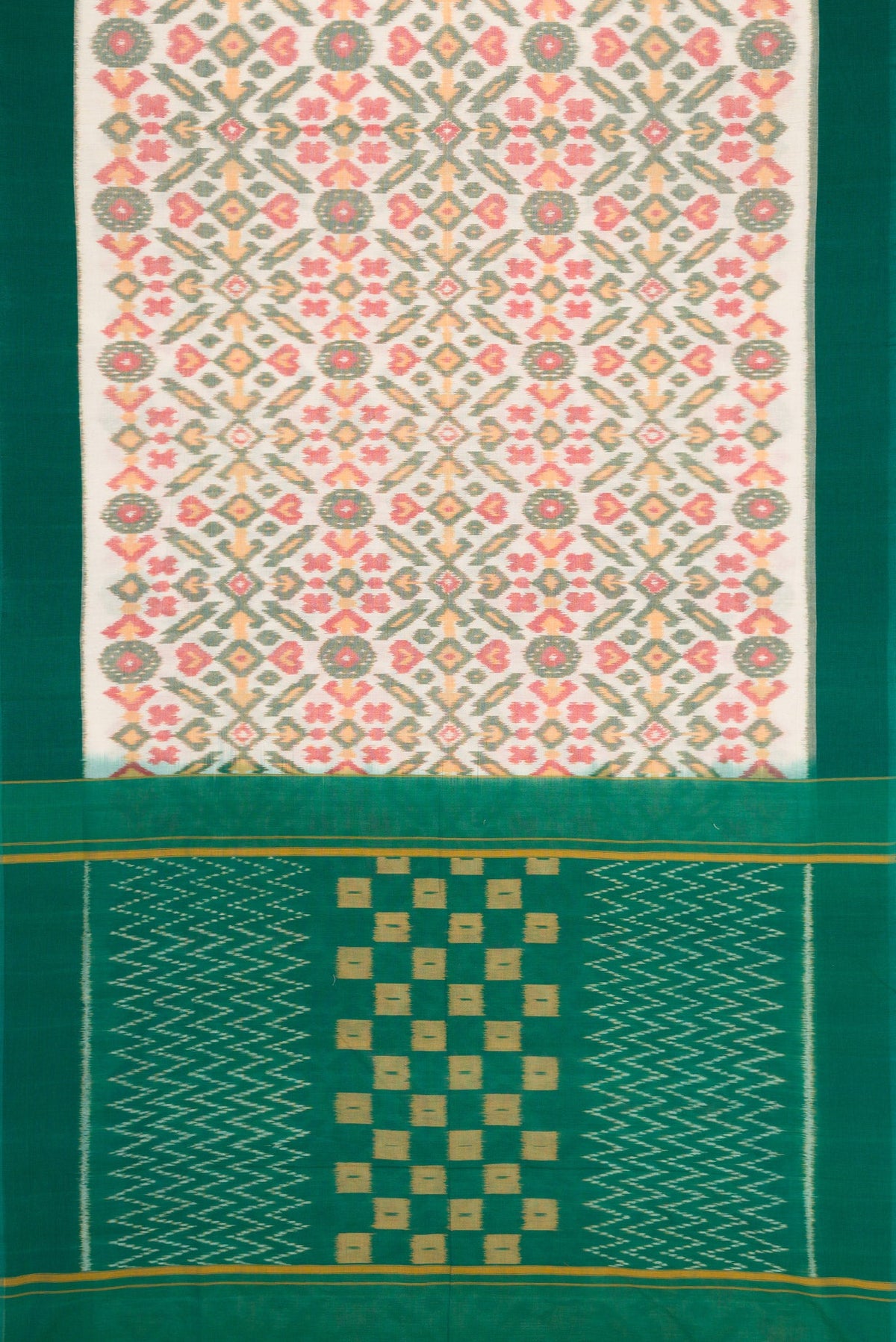 Flat view of Off White Dual Tone Double Ikat Saree with Ikat Print on the body and Plain Border. 
