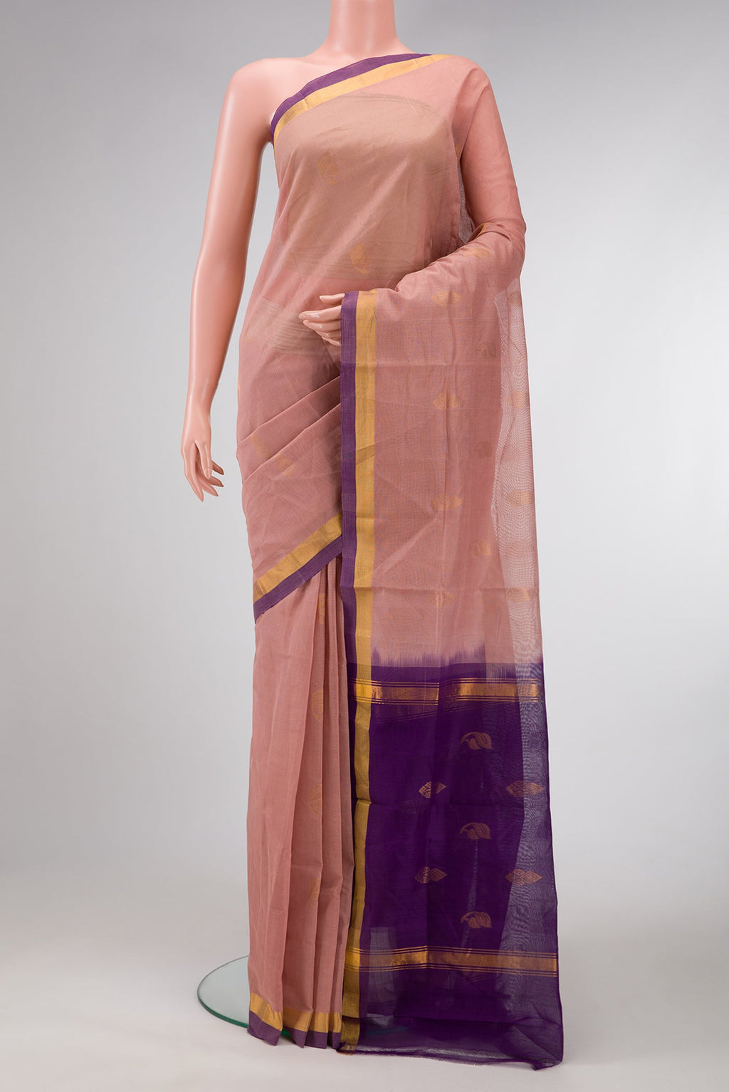 Peach Dual Tone Uppada Cotton Saree with Zari Butta on the body and Zari Border.  displayed on a mannequin
